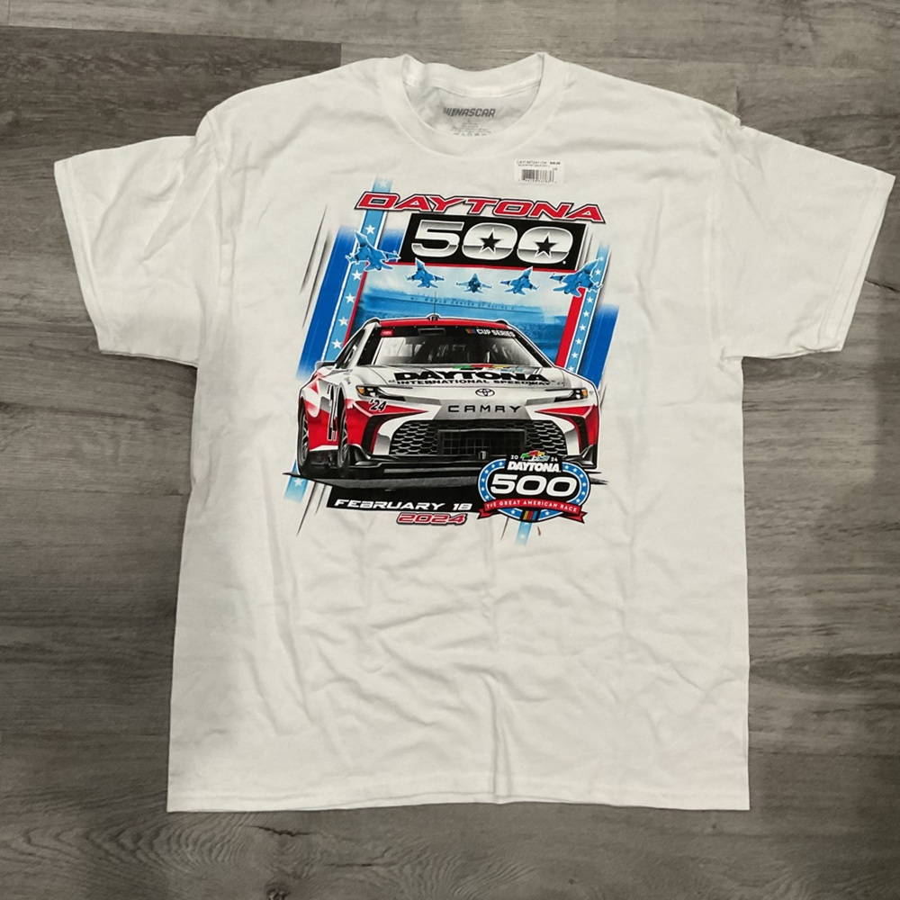 Nascar Daytona 500 White Tee with Red and Blue Accents